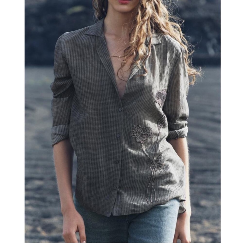 Zara ZW COLLECTION EMBROIDERED PAJAMA SHIRT in Gray